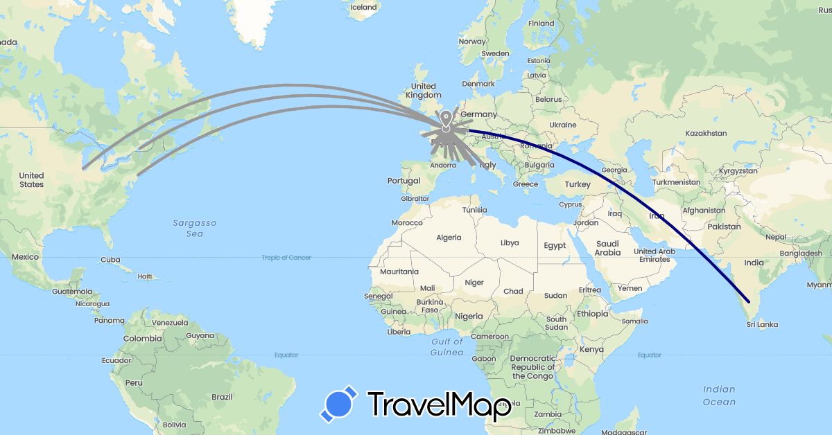 TravelMap itinerary: driving, plane in Belgium, Canada, Switzerland, Germany, France, United Kingdom, India, Italy, Monaco, Netherlands, United States (Asia, Europe, North America)